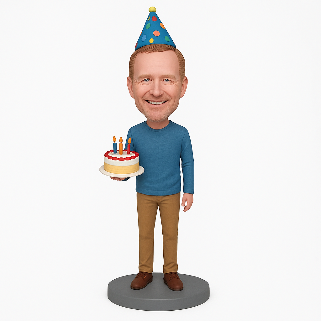 Custom Birthday Bobblehead with Party Hat & Cake | Personalized Gift
