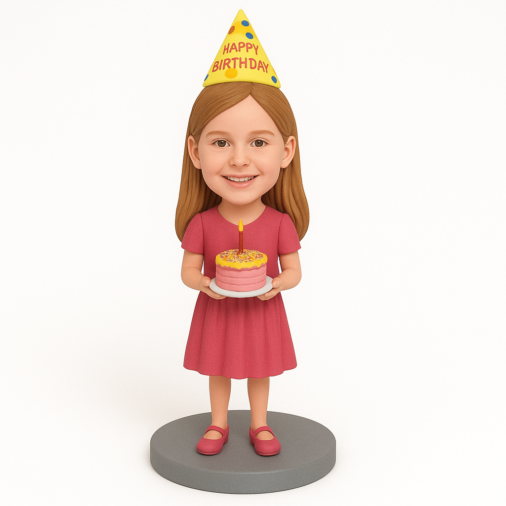 Custom Birthday Girl Bobblehead with Party Hat & Cake | Personalized Kids Gift