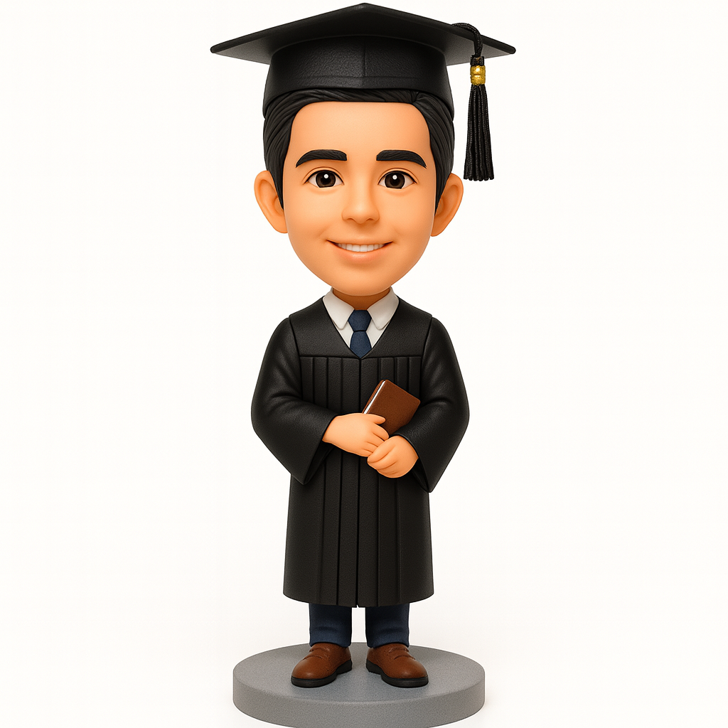Graduation Series Custom Bobblehead – Personalized Male Graduate Figurine in Black Gown
