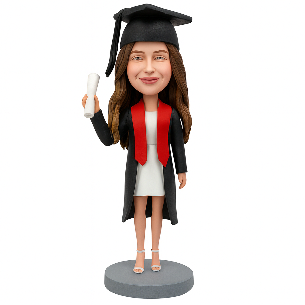 Graduation Series Custom Bobblehead – Female Graduate Figurine with Red Stole