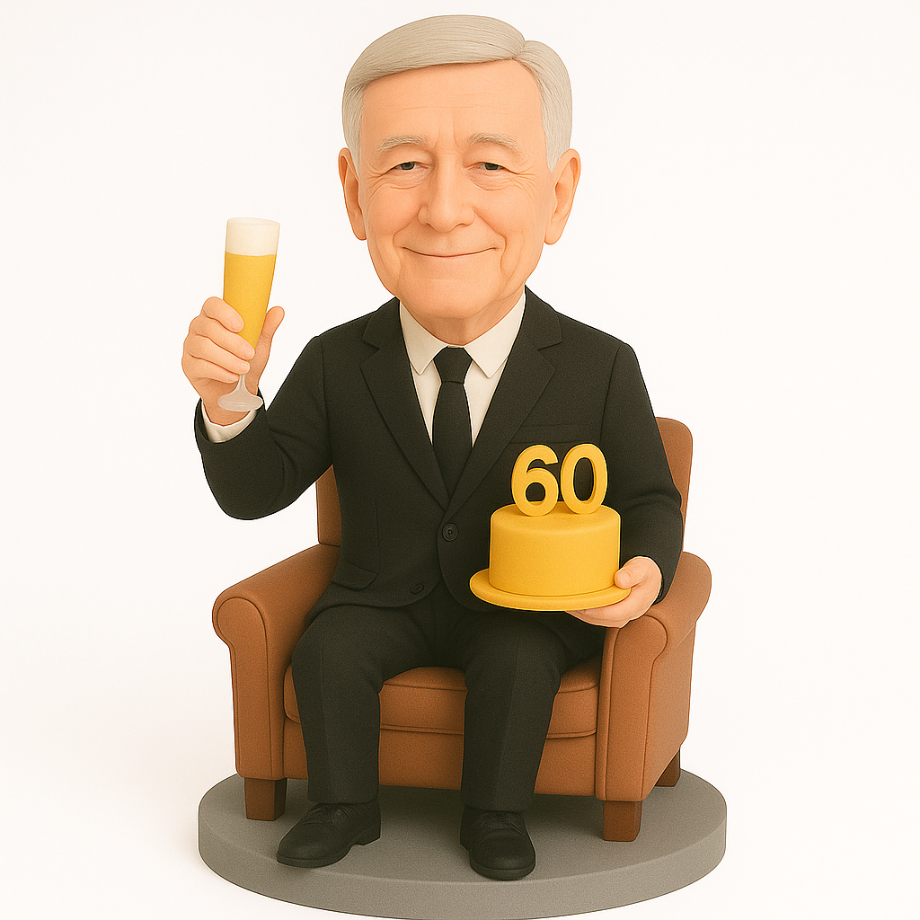 Custom Sitting Birthday Bobblehead with Champagne & Cake | Personalized Gift