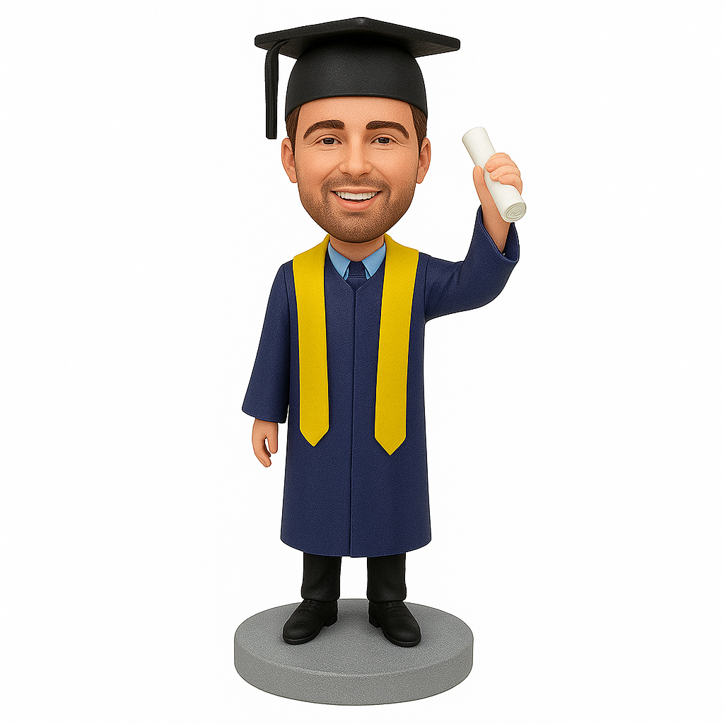 Graduation Series Custom Bobblehead – Personalized Male Graduate Figurine in Blue Robe
