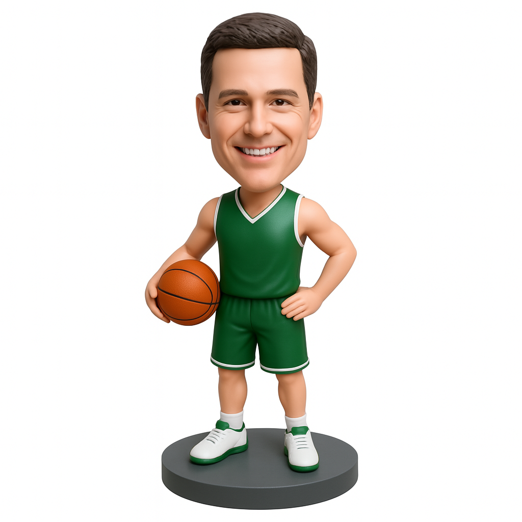 Custom Male Basketball Bobblehead with Green Jersey - Personalized Sports Figurine