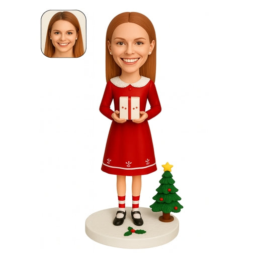 Custom Christmas Girl Bobblehead Holding Present