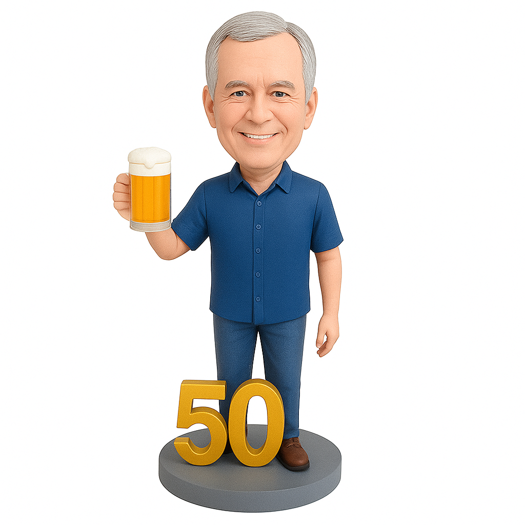 Custom Birthday Bobblehead Holding Beer | Personalized 50th Birthday Gift for Him