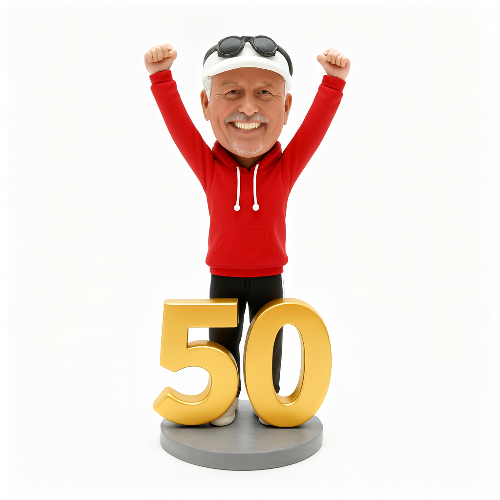 Custom Birthday Bobblehead in Red Hoodie | Personalized 50th Birthday Gift for Him