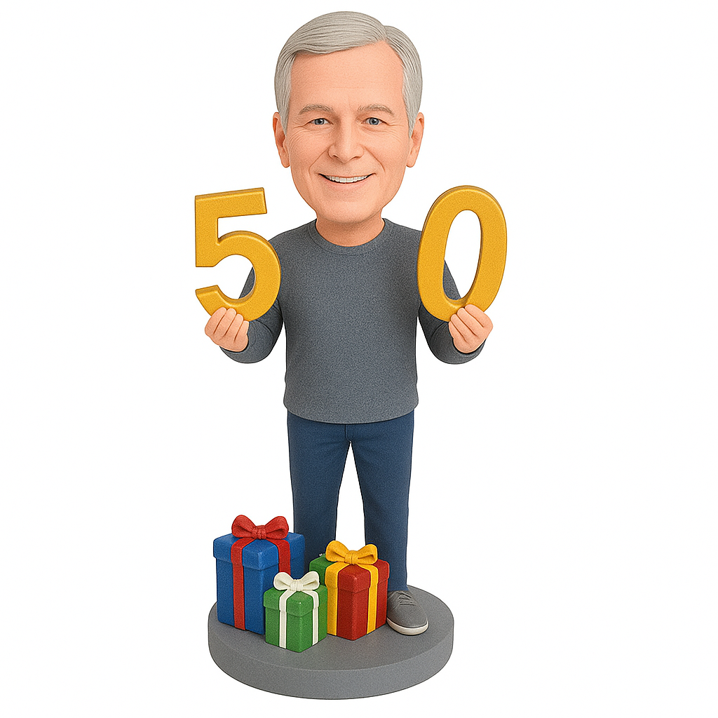 Custom Birthday Bobblehead with Gifts | Personalized 50th Birthday Gift for Him