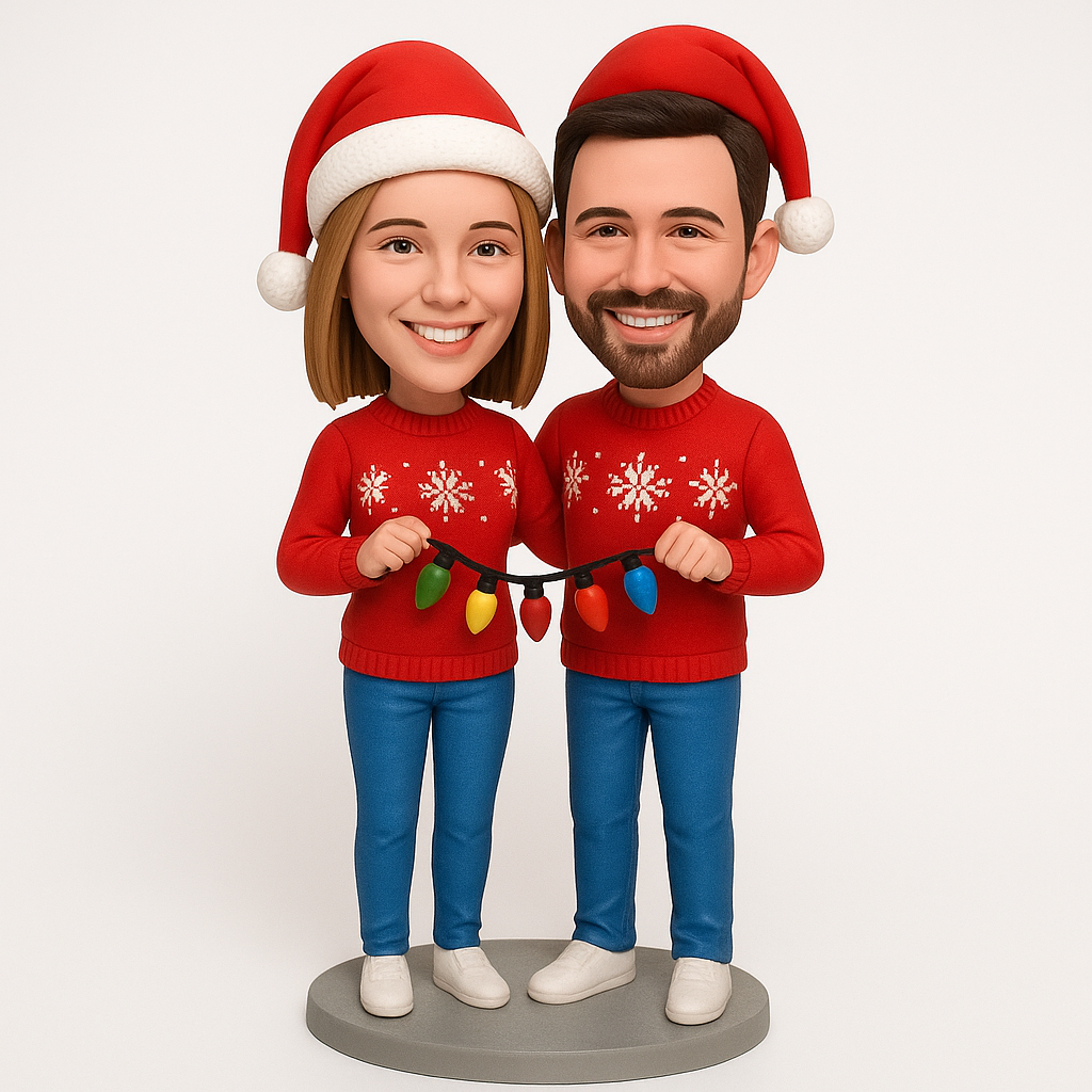 Christmas Gifts for Couples – Custom Bobbleheads – Couple Holding Holiday Lights