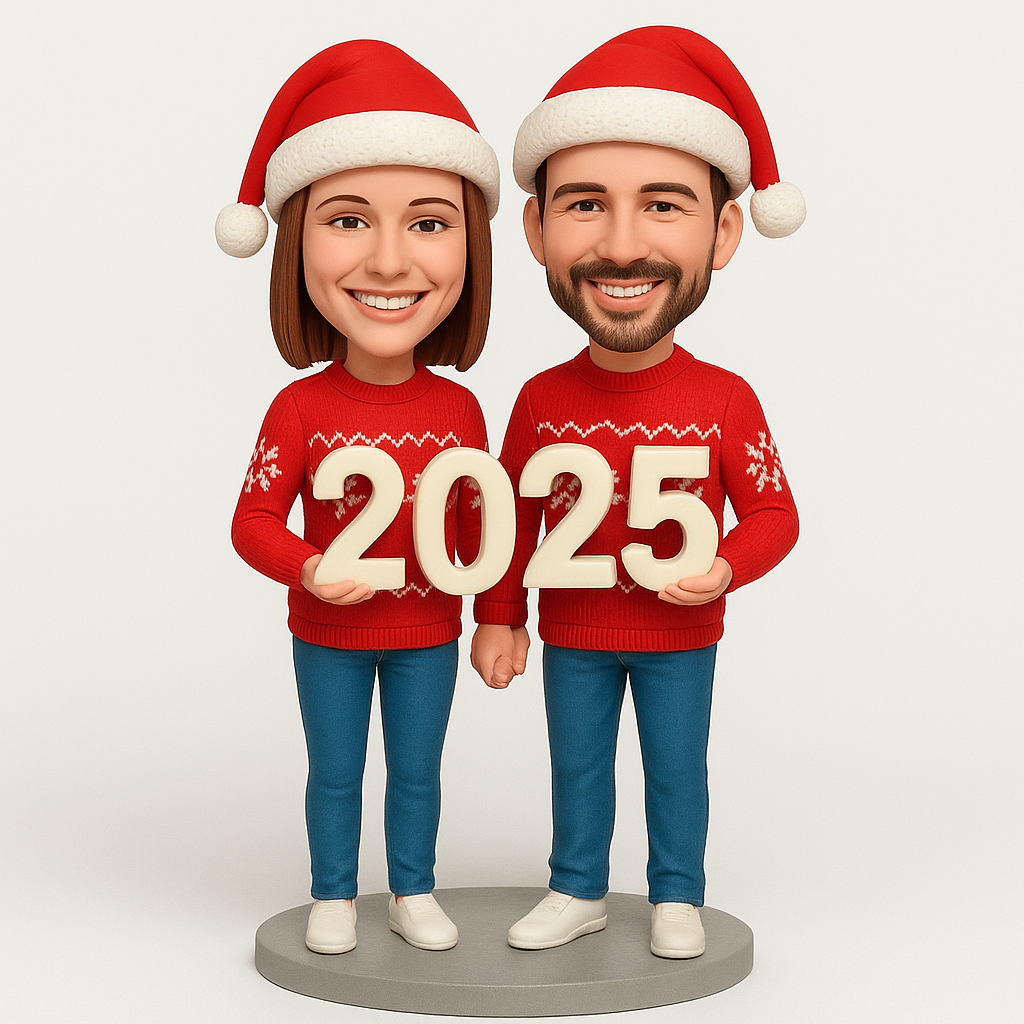 Christmas Gifts for Couples – Custom Bobbleheads – Couple Holding 2025 Sign