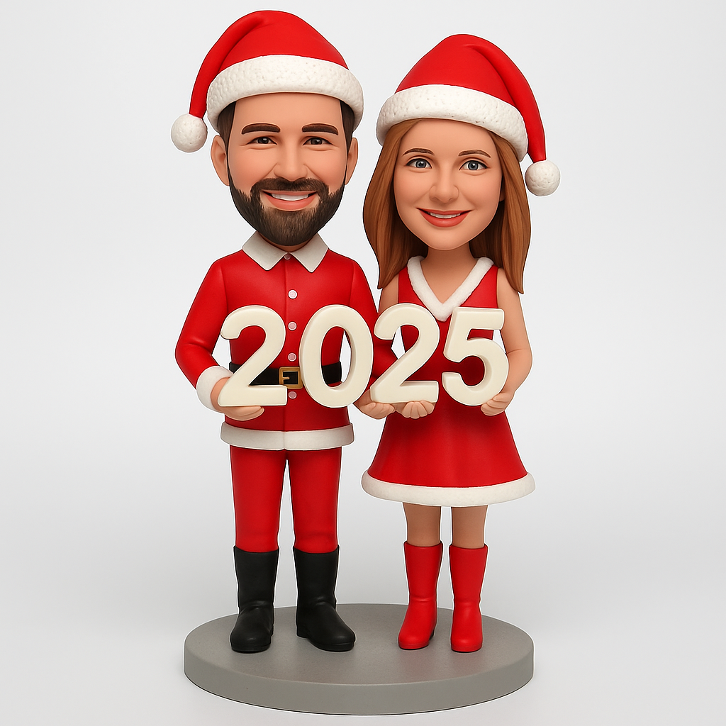 The Christmas Couple Holding the 2025 Numbers Custom Bobbleheads