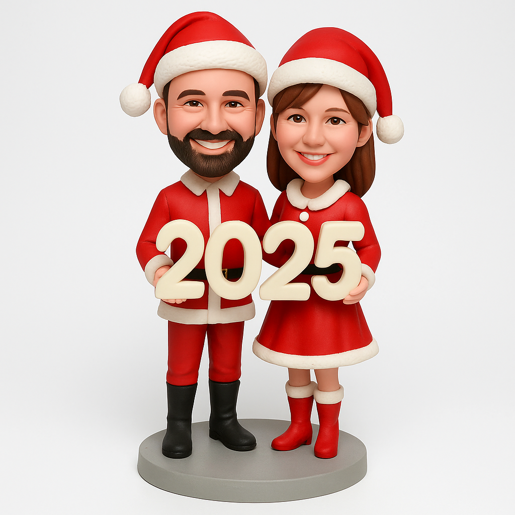 Christmas Gifts for Couples – Custom Bobbleheads – Santa Couple Holding 2025 Sign