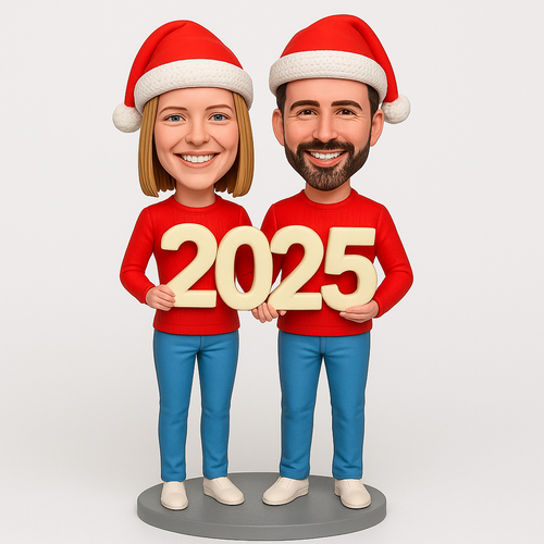 Christmas Gifts for Couples – Custom Bobbleheads – Couple Holding 2025 in Red Sweaters