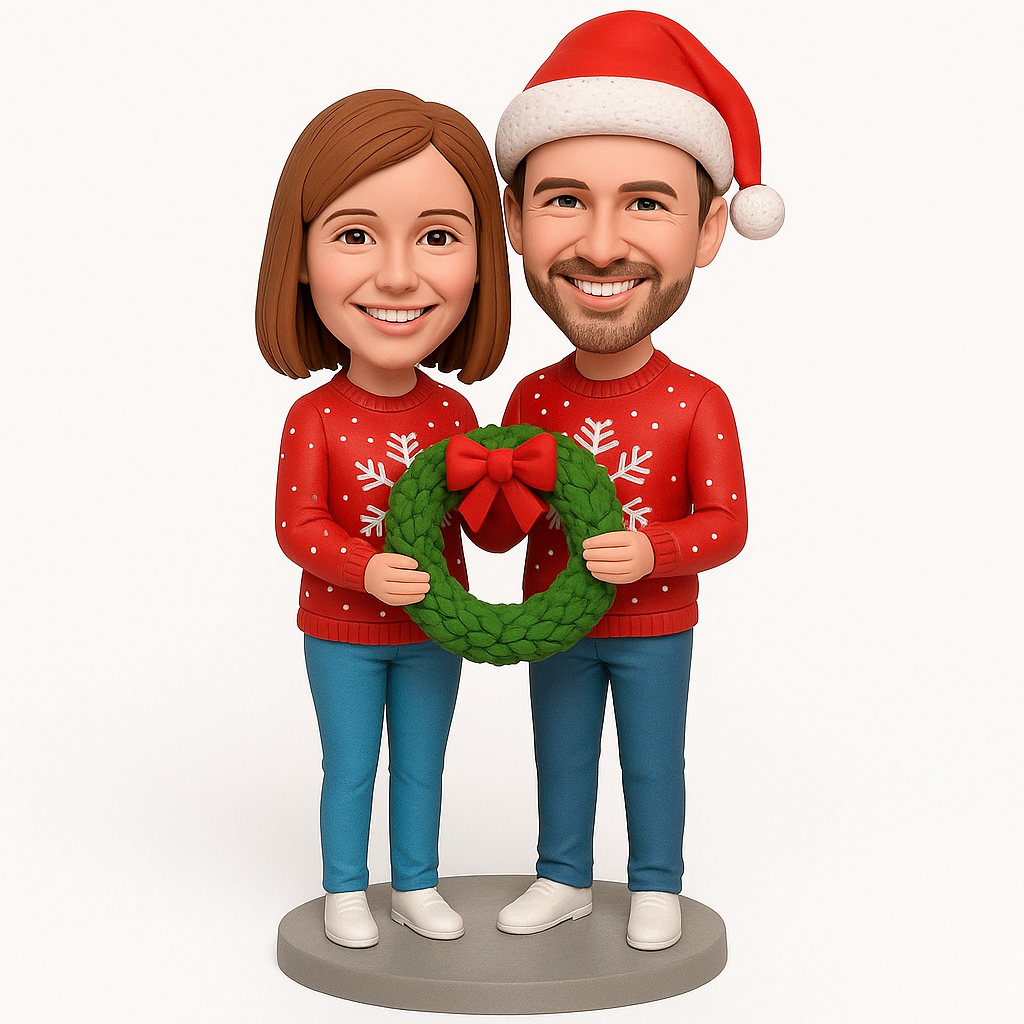 Christmas Gifts for Couples – Custom Bobbleheads – Couple Holding Christmas Wreath