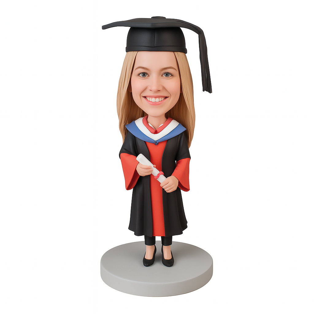 Female Graduation Bobblehead in Red Gown - Custom Graduate Gift