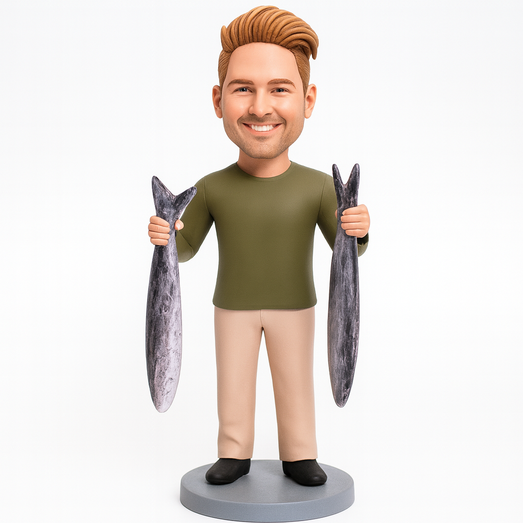 Personalized Fishing Bobblehead with Two Fish – Custom Fishermen Gift