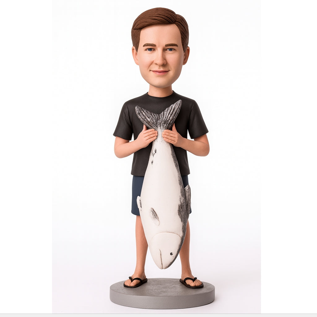 Custom Fishing Bobblehead Holding Big Fish – Fully Personalized Gift