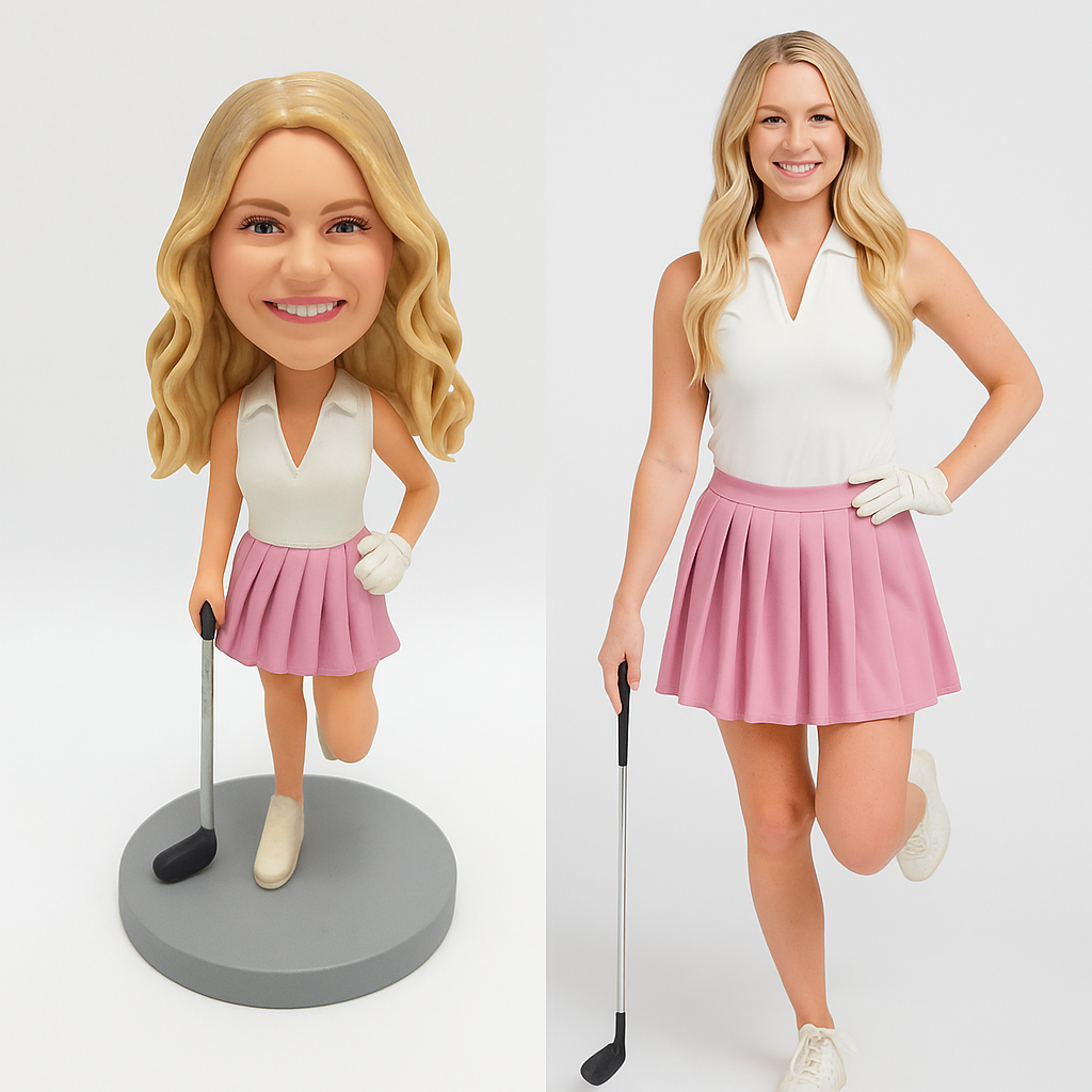 Custom Female Golfer Bobblehead in Pink Skirt - Personalized Golf Gift
