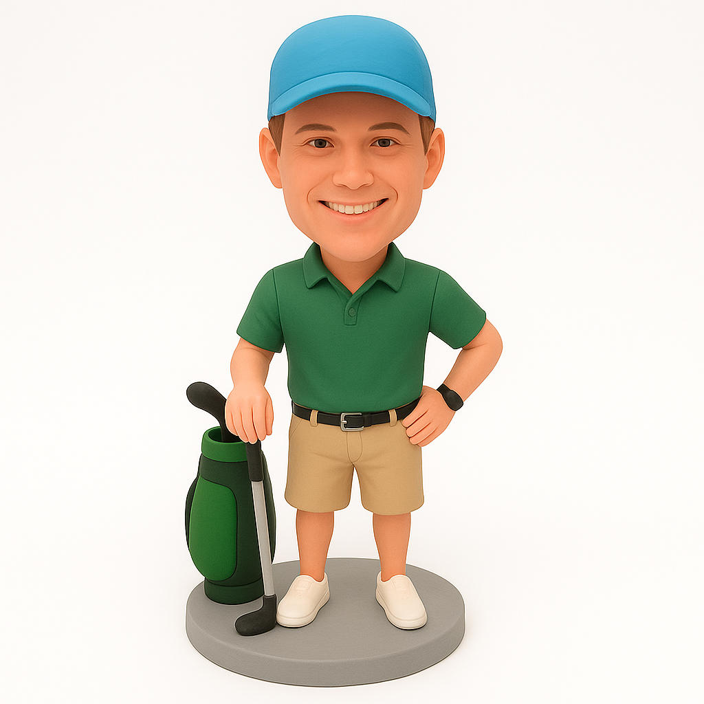 Custom Male Golfer Bobblehead in Green Polo - Personalized Golf Figurine