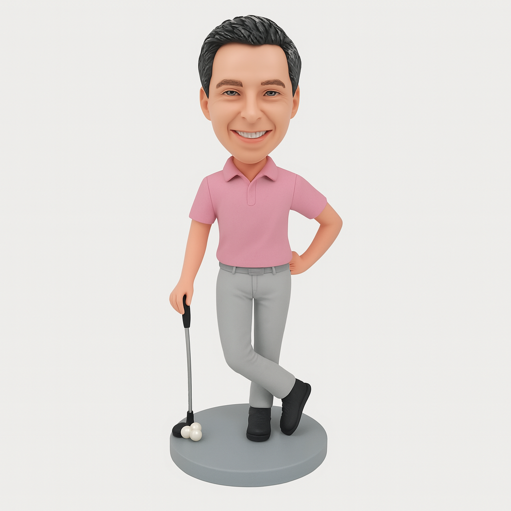 Custom Male Golfer Bobblehead in Pink Polo - Personalized Golf Gift