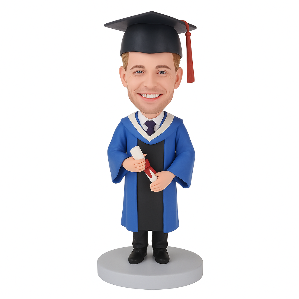 Male Graduation Bobblehead in Blue Gown - Personalized Graduate Gift