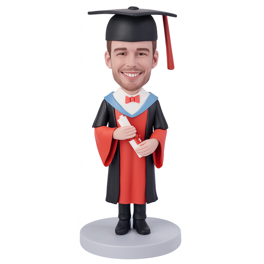 Male Graduation Bobblehead in Red Gown - Personalized Graduate Gift