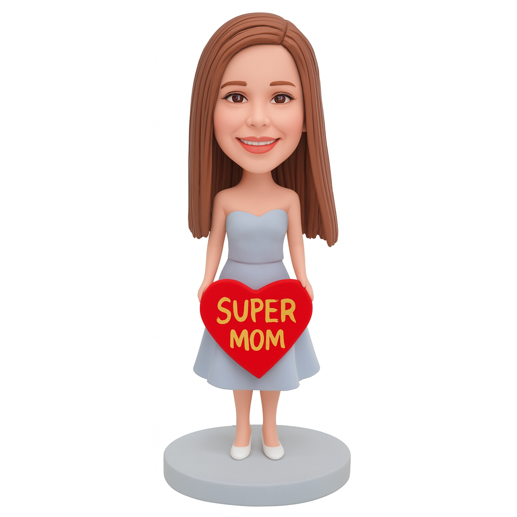 Custom Super Mom Bobblehead in Blue Dress - Personalized Figurine Gift