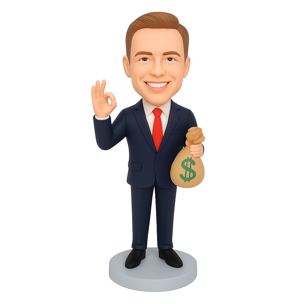 Custom Businessman Bobblehead Holding Money Bag - Personalized Figurine
