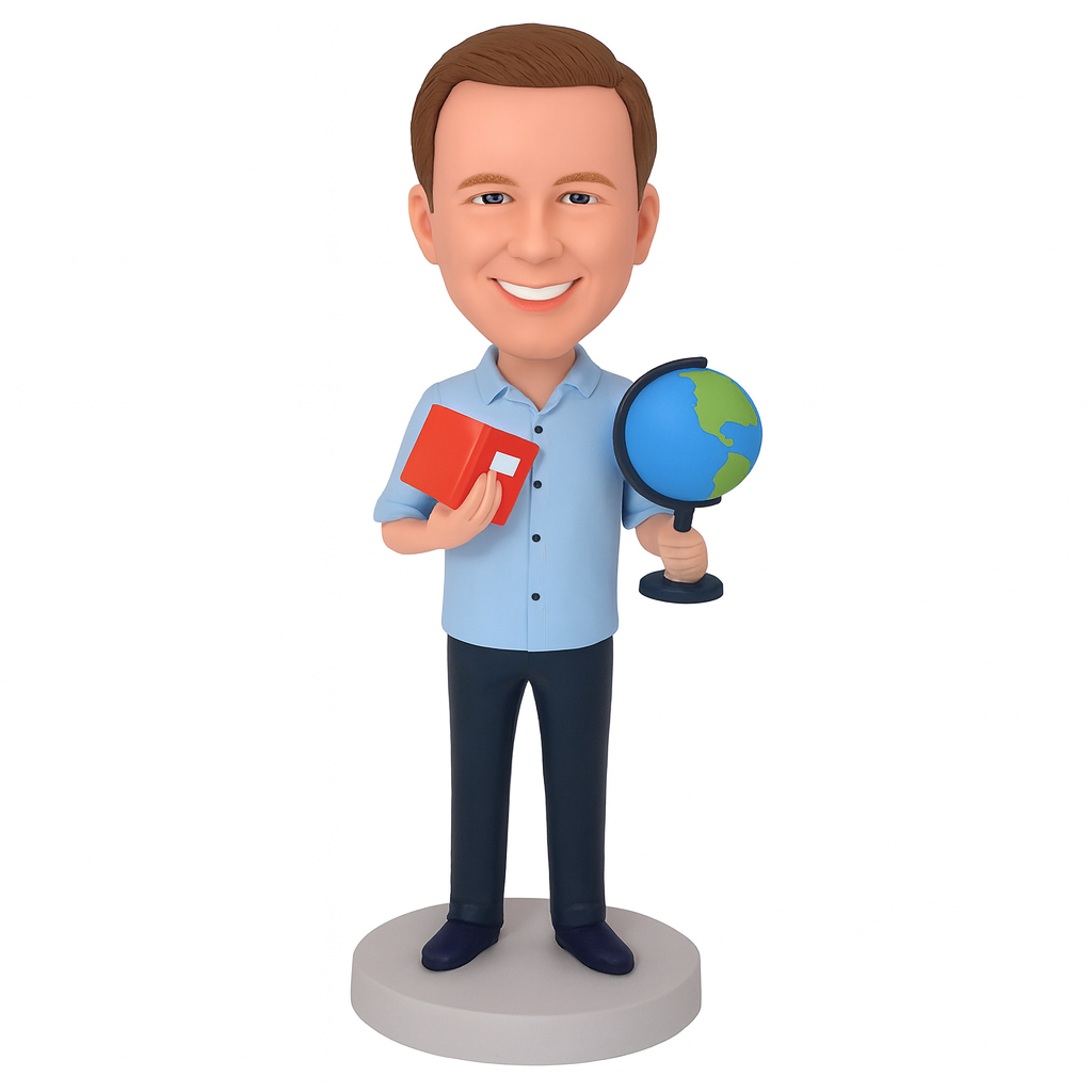 Custom Male Teacher Bobblehead – Personalized Figurine with Globe & Book