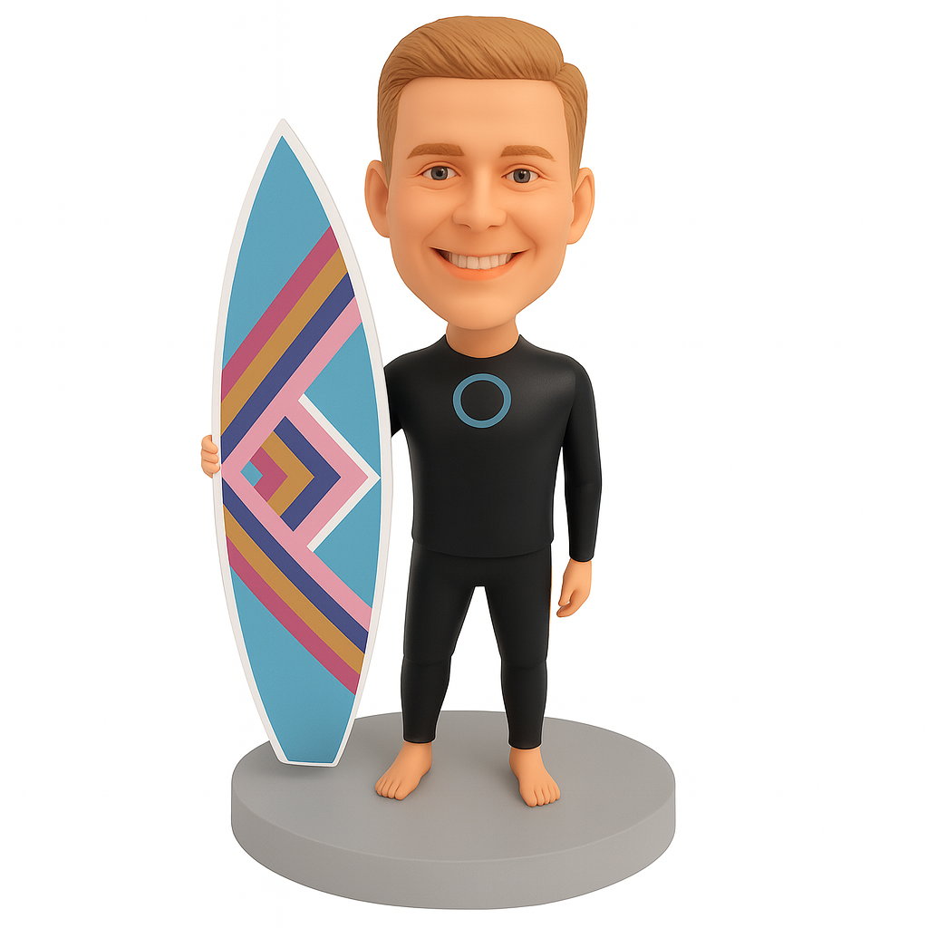 Custom Male Surfing Bobblehead – Colorful Surfboard Pose