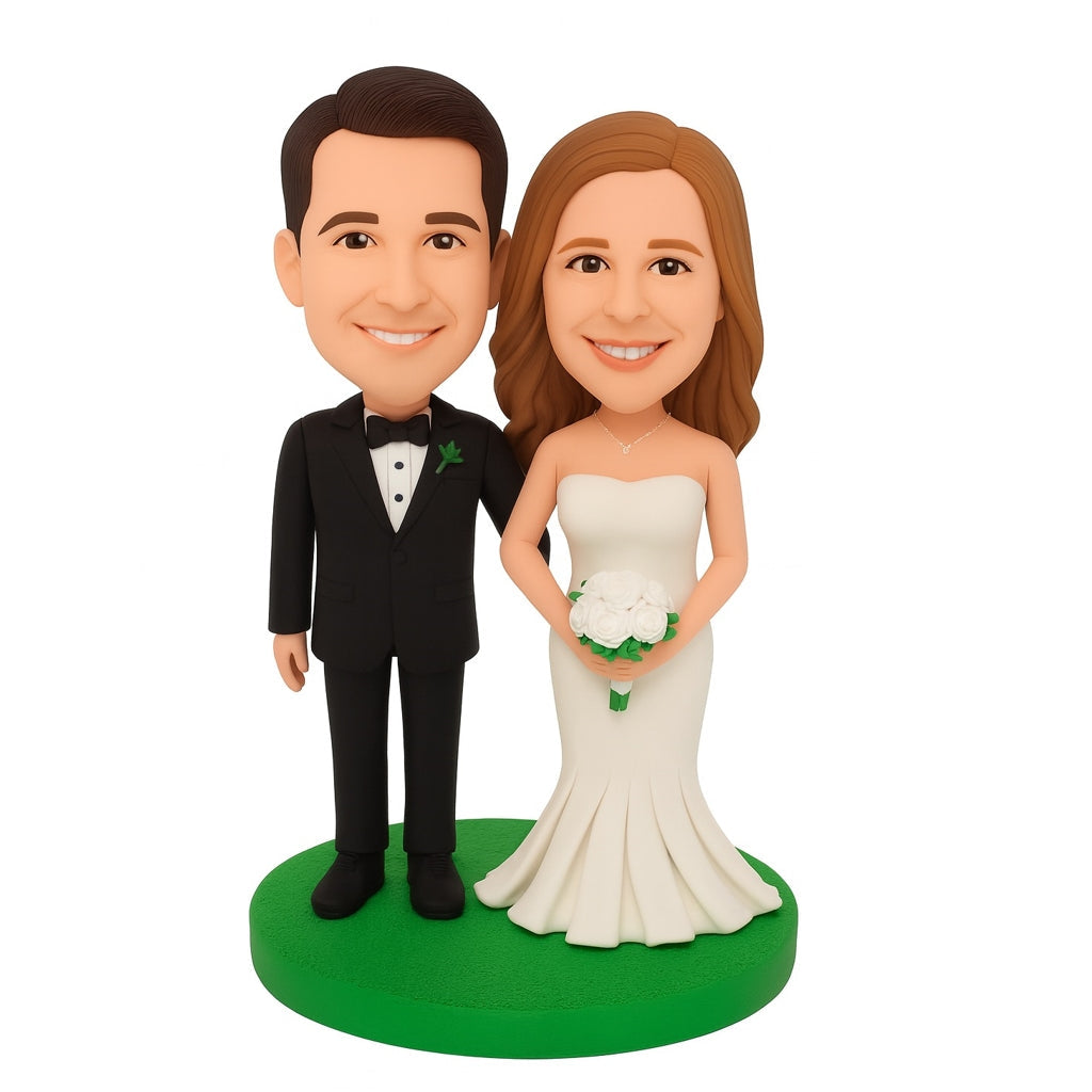 Personalized Wedding Bobblehead Holding Flowers - Custom Wedding Figurine