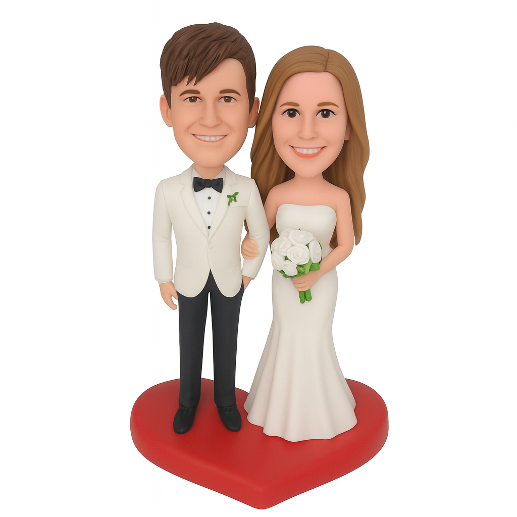 Personalized Bride & Groom Bobblehead on Heart Base - Custom Wedding Figurine