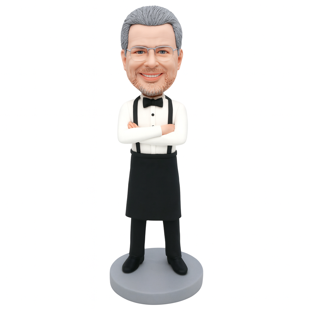 Custom Male Chef Bobblehead in Black Apron - Unique Kitchen Figurine