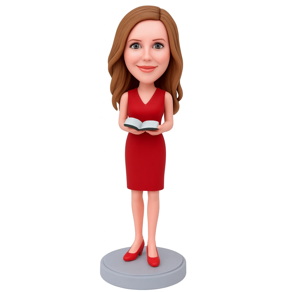 Custom Female Teacher Bobblehead – Red Dress Figurine Holding Book