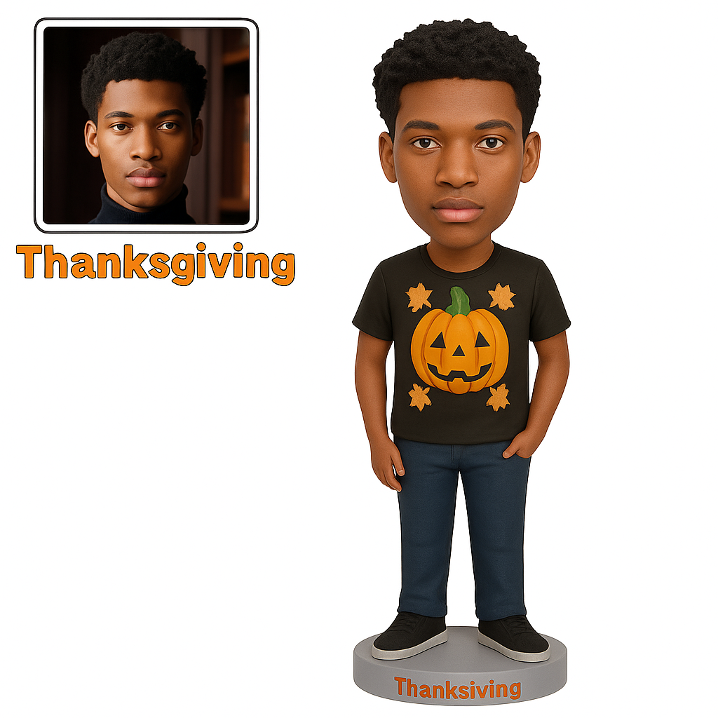 Custom Engraved Thanksgiving Male Bobblehead with Pumpkin Design