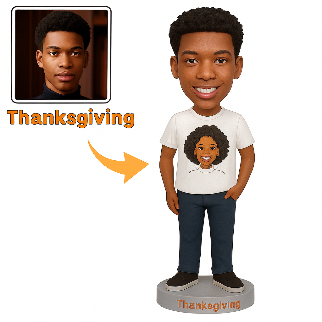 Custom Engraved Thanksgiving Male Bobblehead with Pumpkin Shirt